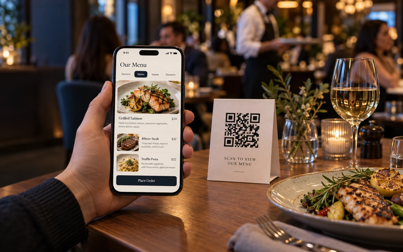Carta digital de AlignCue en un móvil junto al código QR de una mesa de restaurante