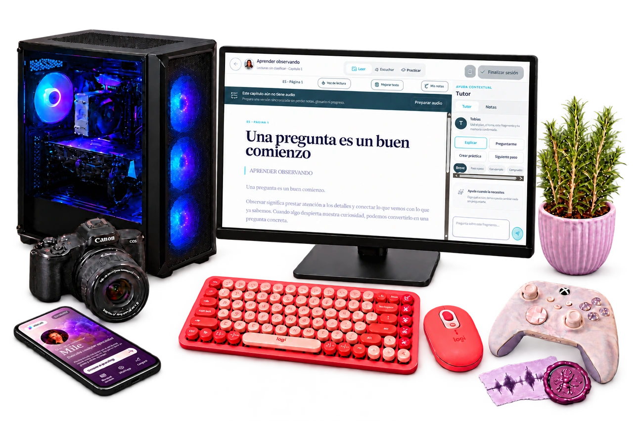 Setup de MileLab: torre con iluminación azul y violeta, monitor, móvil acostado delante de la cámara, teclado y mouse Logitech POP Heartbreaker, mando Dream Vapor, romero y sello violeta