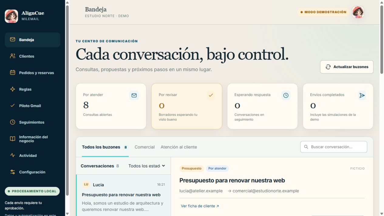 Gestor de correo con conversaciones y clientes ficticios en una demostración aislada
