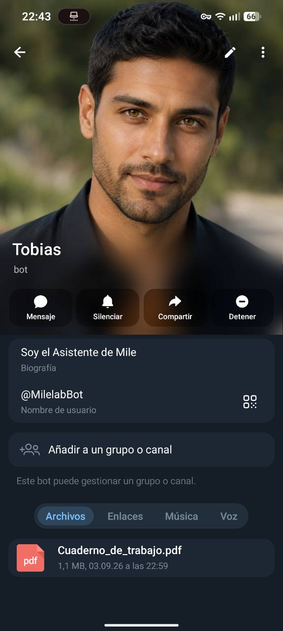 Perfil de Tobías en Telegram, presentado como el asistente de Mile