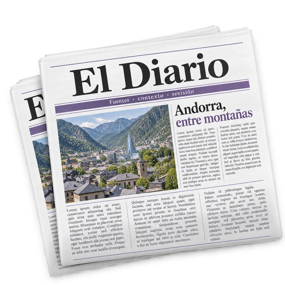 Ilustración conceptual de un archivo editorial con periódicos y acentos violetas