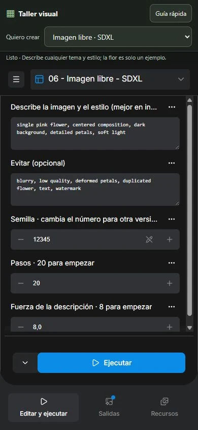 Controles del taller de imágenes en móvil