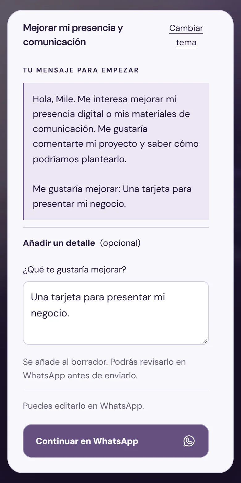 Tarjeta Signature de MileLab con presentación, servicios y acciones de contacto