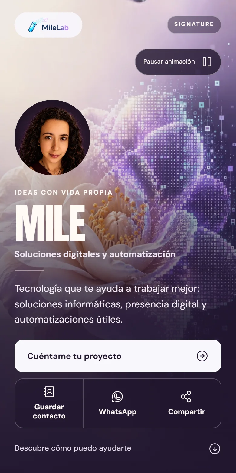 Presentación móvil de MileLab y acciones para guardar o compartir su contacto