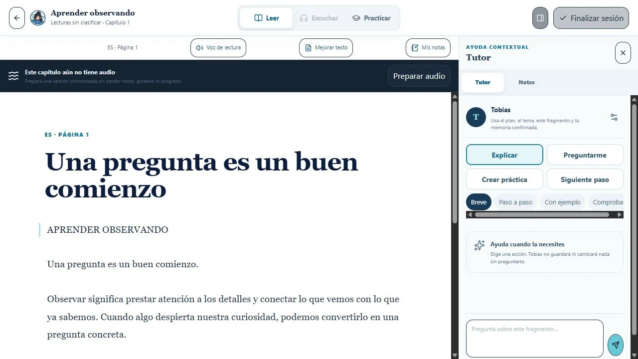 Tobias Study: lector y herramientas de estudio con una lectura de muestra